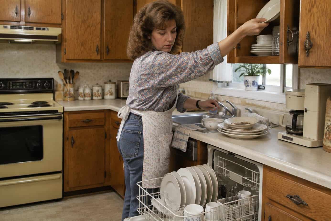 A 1980s housewife unloading a dishwasher