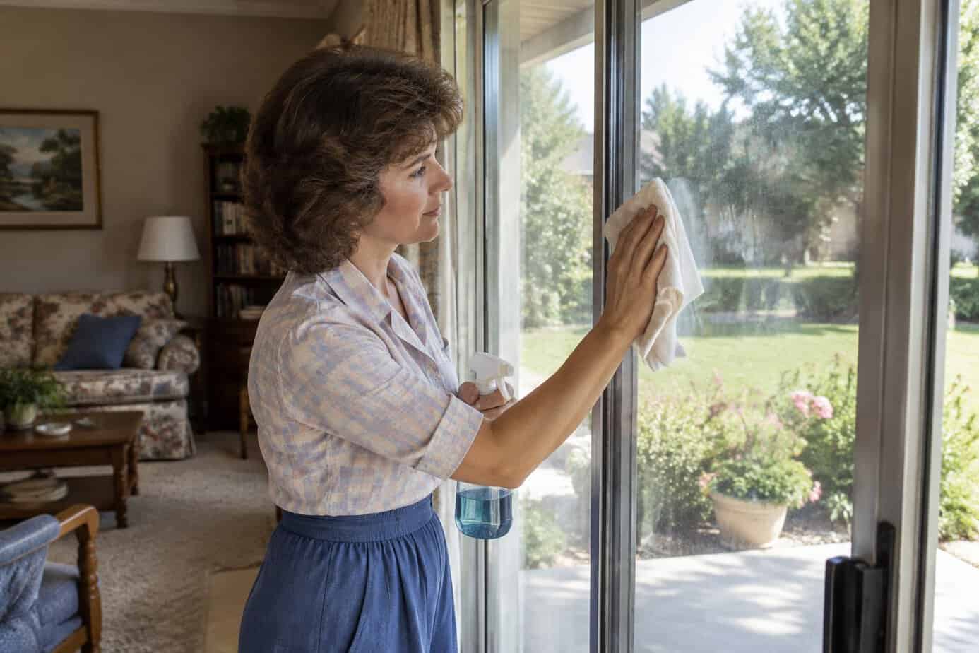 A 1980s housewife wiping fingerprints off a sliding glass door