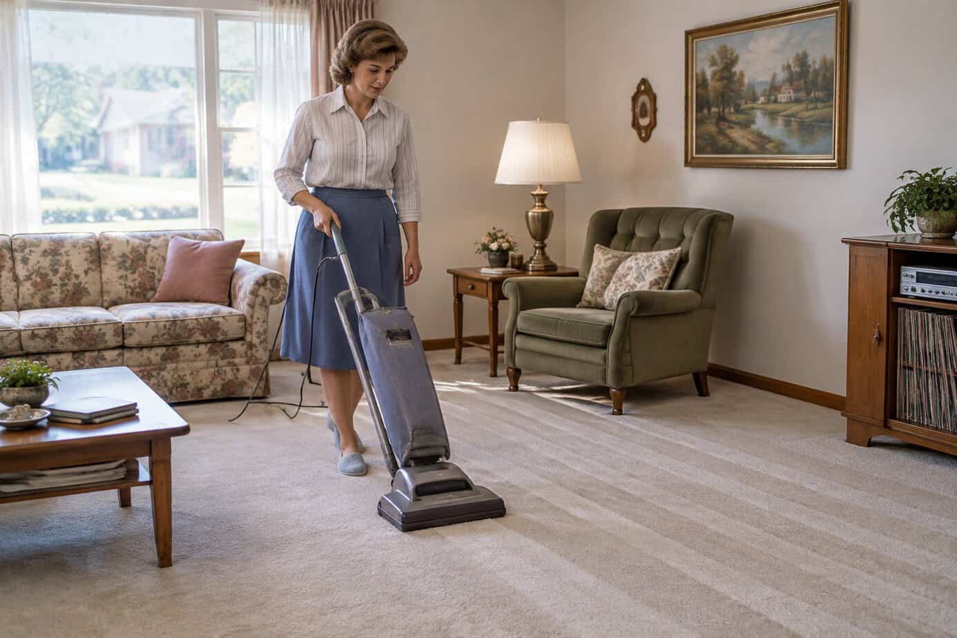 A 1980s housewife vacuuming wall-to-wall carpet with an upright vacuum