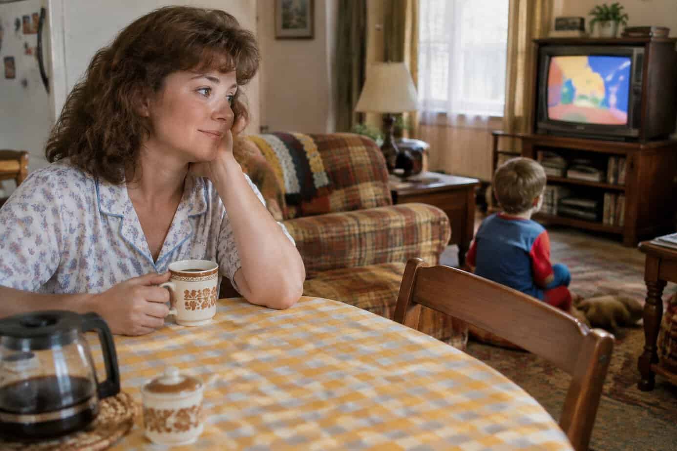 A 1980s mother with coffee while her toddler watches children's TV