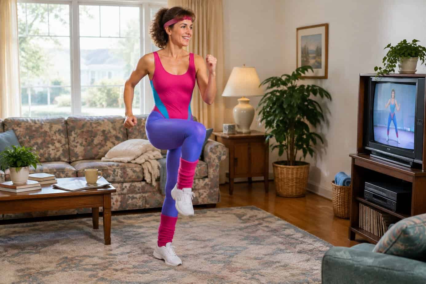A 1980s woman in a leotard and leg warmers exercising in her living room