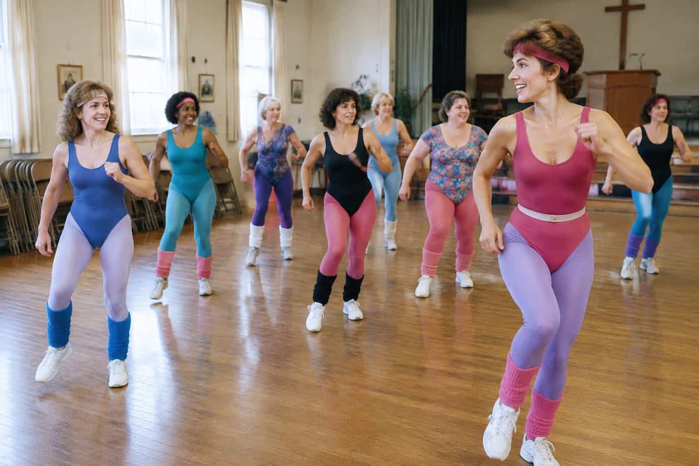 A 1980s aerobics class of women in leotards and leg warmers