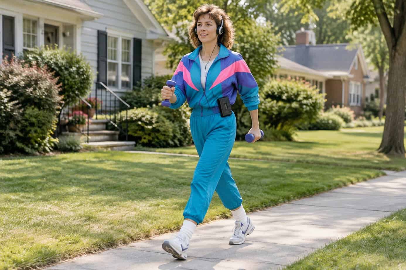 A 1980s woman power walking down a neighborhood sidewalk in a tracksuit