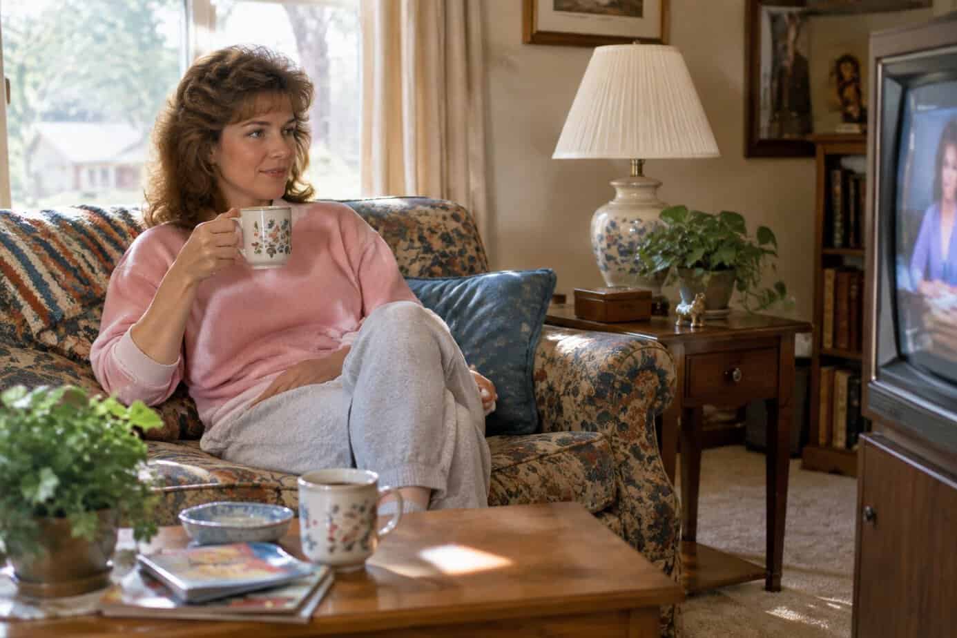 A 1980s housewife relaxing on the sofa with a cup of coffee