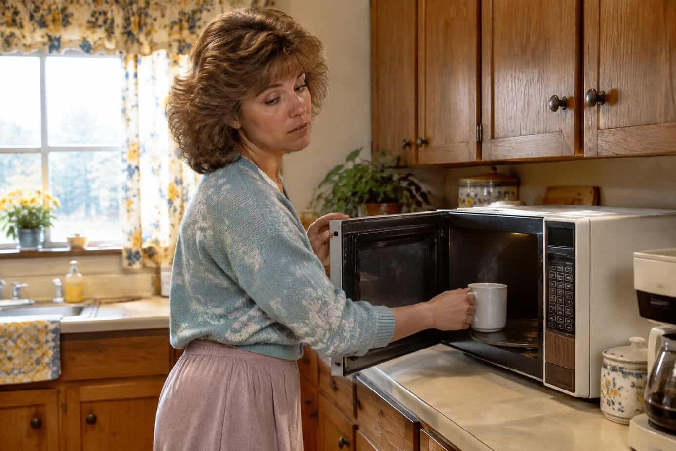 A 1980s housewife reheating coffee in a countertop microwave
