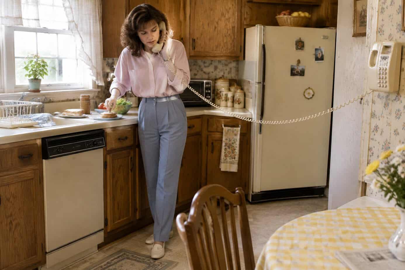 A 1980s housewife on a long-corded wall phone in her kitchen