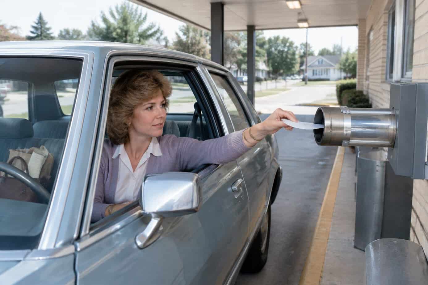 A 1980s woman using a bank drive-through from her car