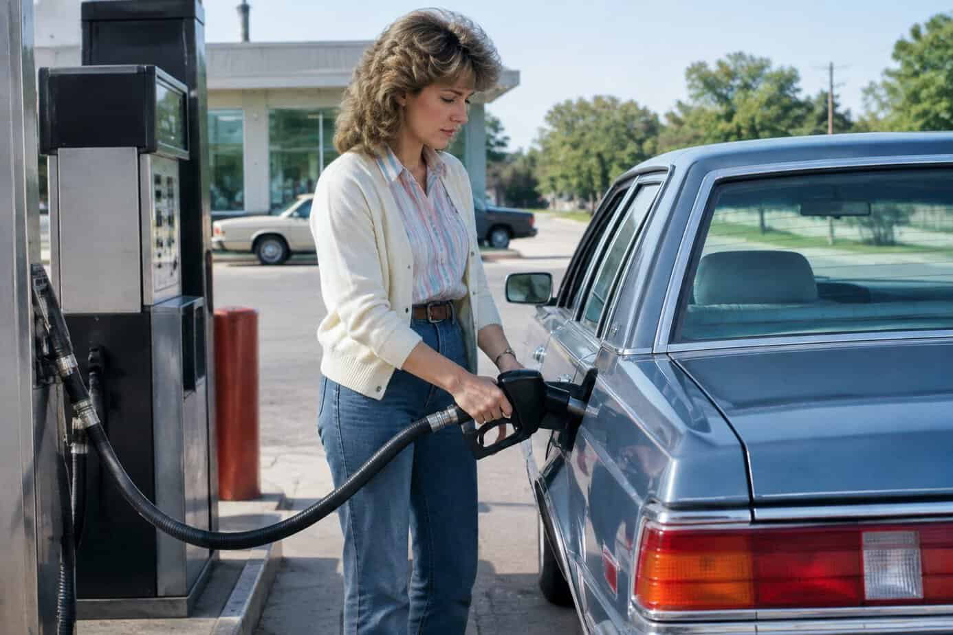 A 1980s woman pumping her own gas at a self-serve station