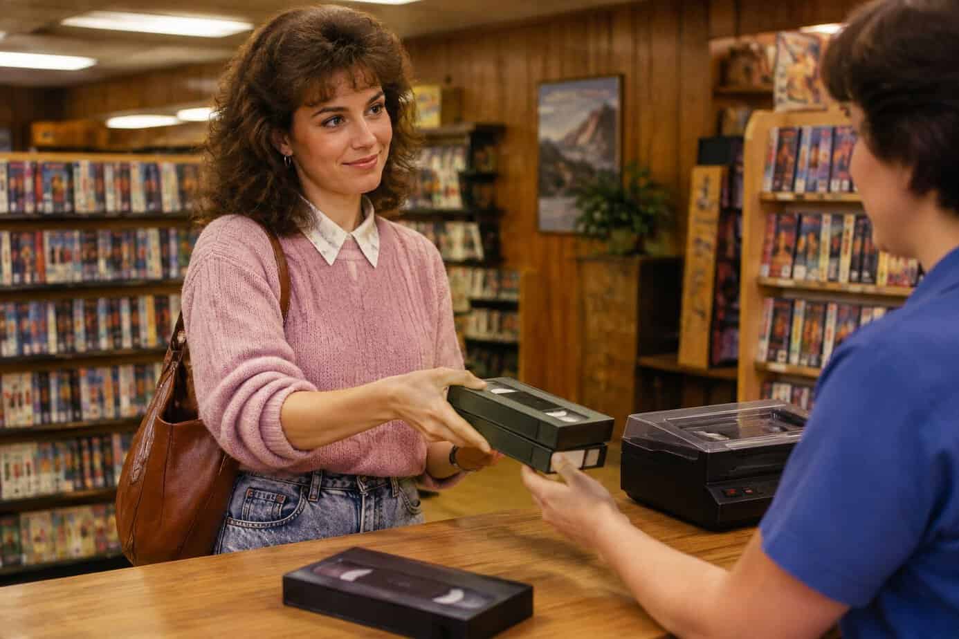 A 1980s woman returning VHS tapes at the video store counter