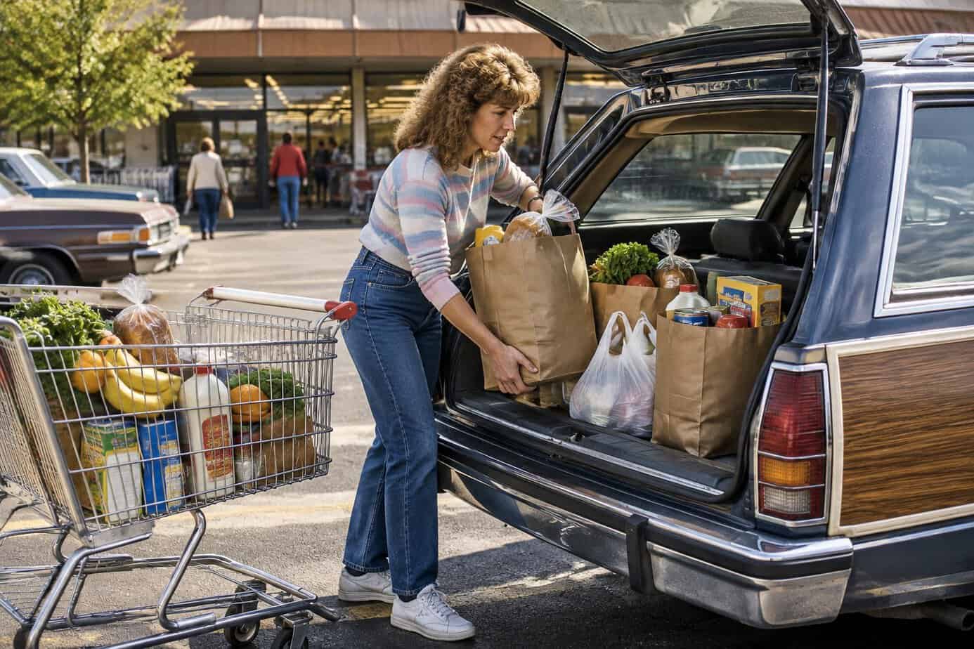 A 1980s mother loading grocery bags into her station wagon