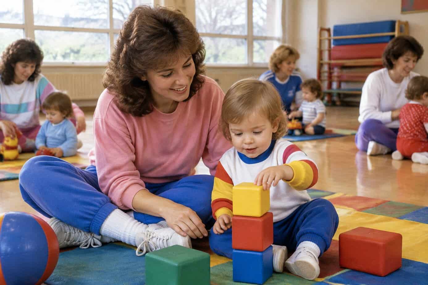 A 1980s mother playing with her toddler on a play mat at a class