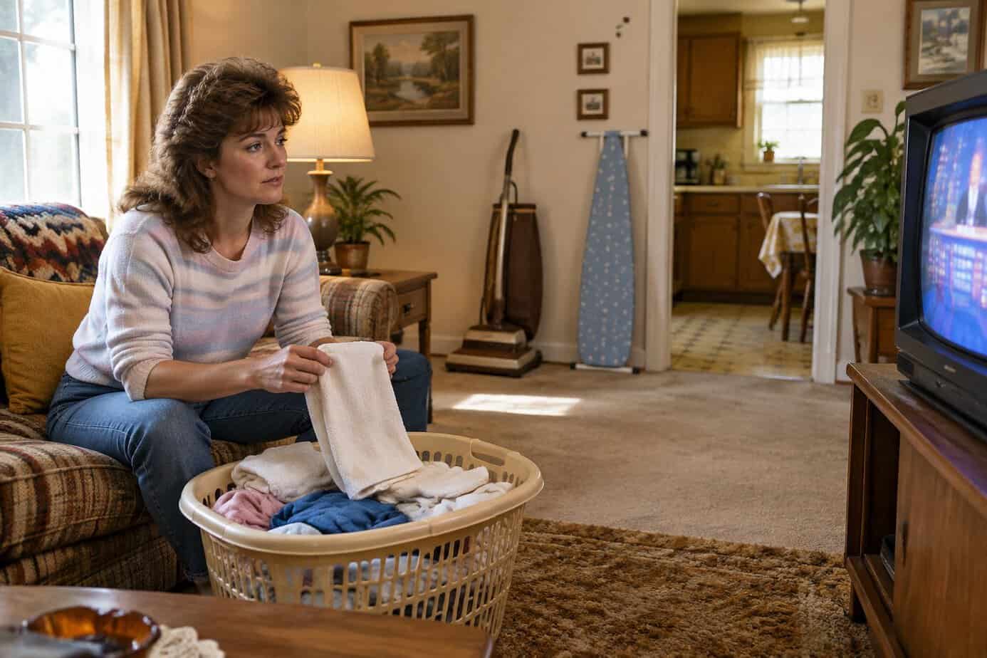 A 1980s housewife folding laundry in front of a morning game show