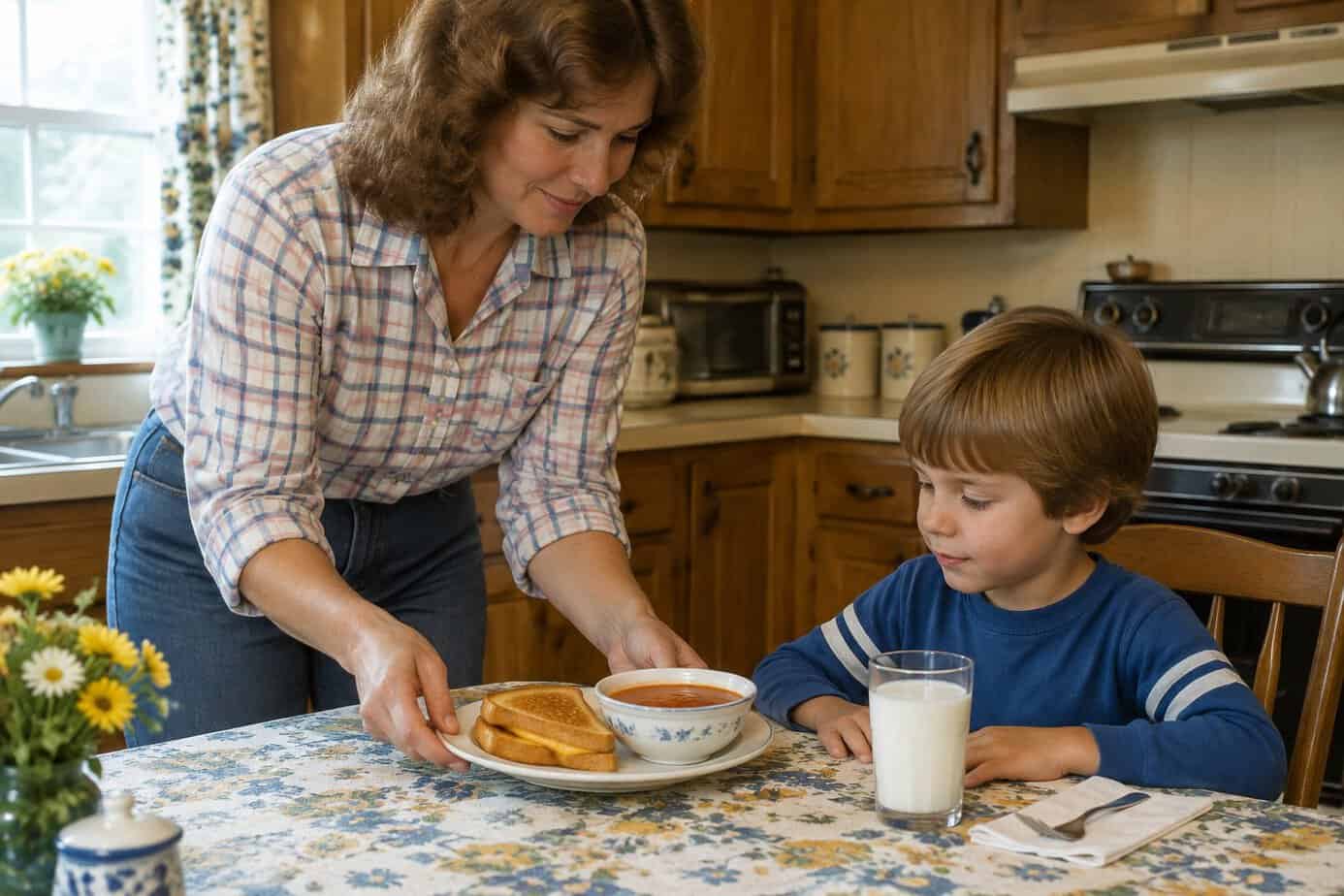 A 1980s mother serving grilled cheese and tomato soup to her young son